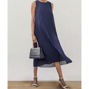 J. McLaughlin Sleeveless Pleated Midi Dress Navy Fully Lined Size Medium